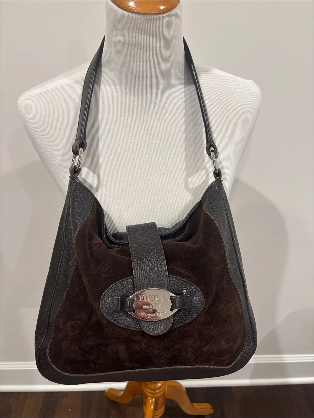 Furla Dark Brown Suede and Leather Hobo Shoulder Bag